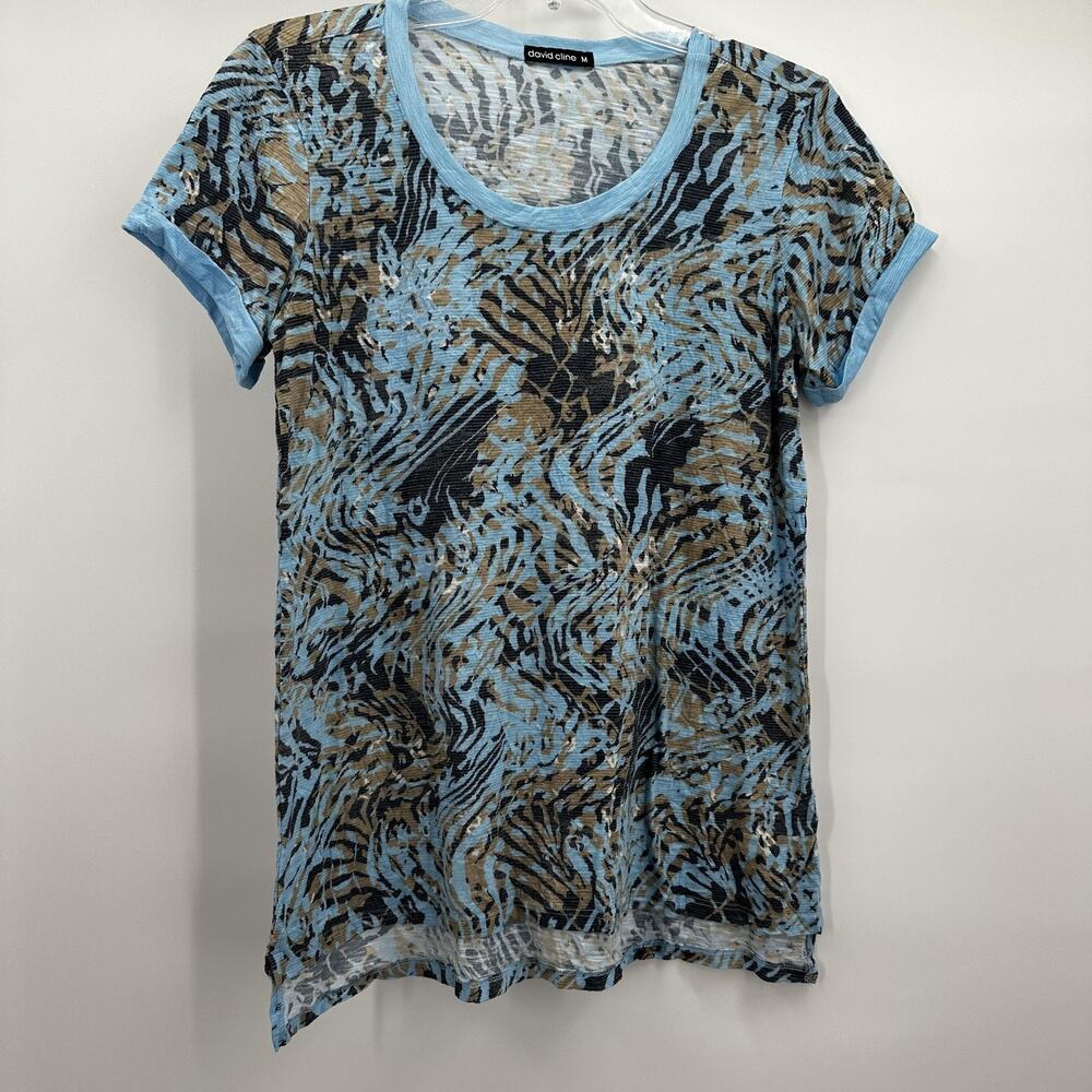 David Cline Shirt Womens Medium Blue Brown Black Animal Print Sky Style 7345 USA